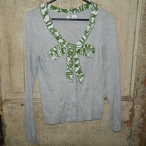 Anthropologie Moth Gray with Green Print Bow Full Snap Cardigan Sz S  (FF-5)